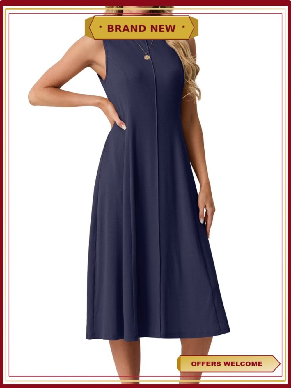 Sleeveless A-Line Midi Dress with Pockets Casual Vacation Sundress